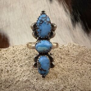 ❤️ Golden Hills 3 Stone Turquoise Sterling Navajo Style Ring Size 6 to 8 Adj